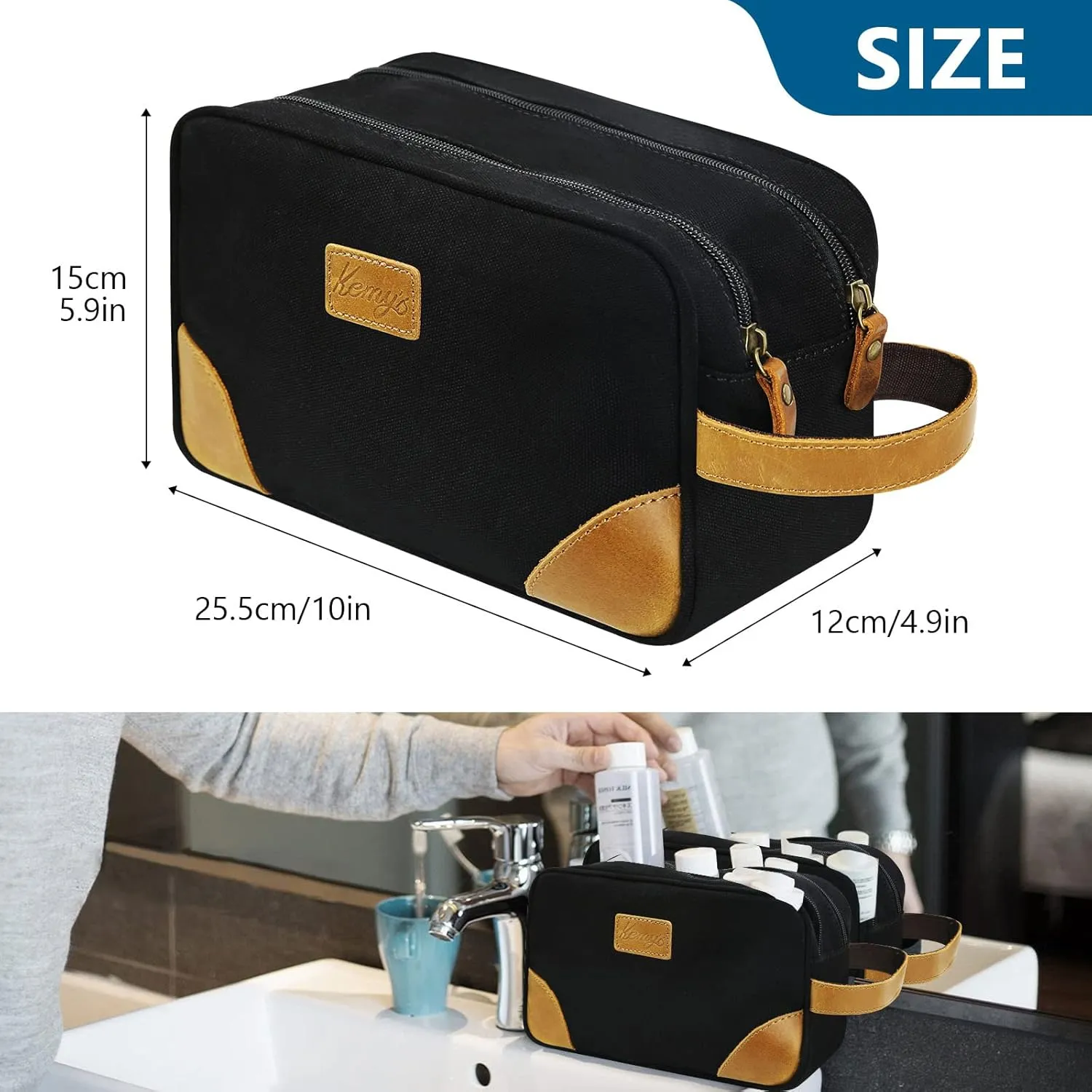 Kemy's Toiletry Bag for Men, Travel Toiletries Organizer Bags with Water Resistant Canvas Leather Dopp Kit Shaving Bag for Toiletries Accessories