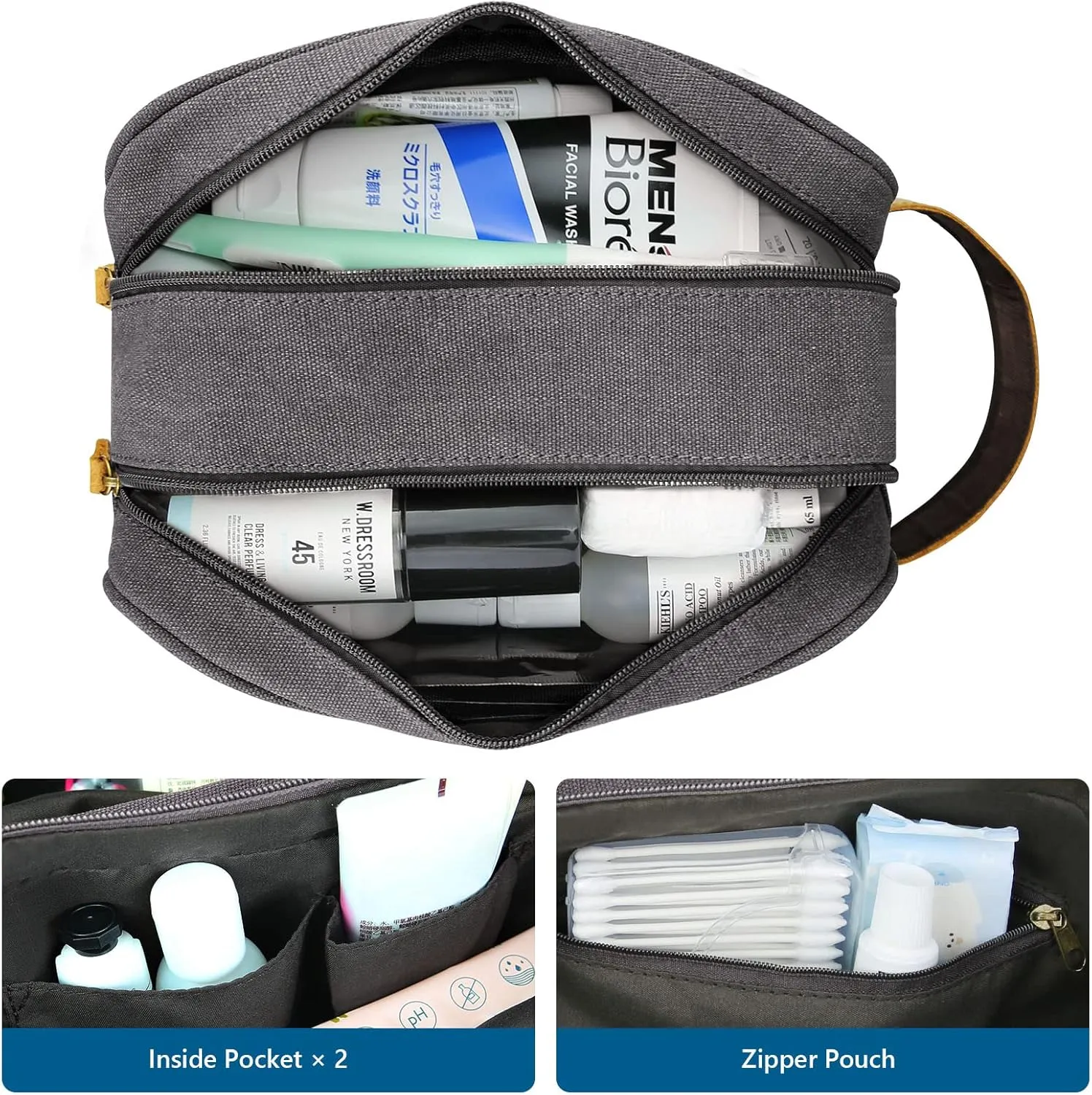Kemy's Toiletry Bag for Men, Travel Toiletries Organizer Bags with Water Resistant Canvas Leather Dopp Kit Shaving Bag for Toiletries Accessories
