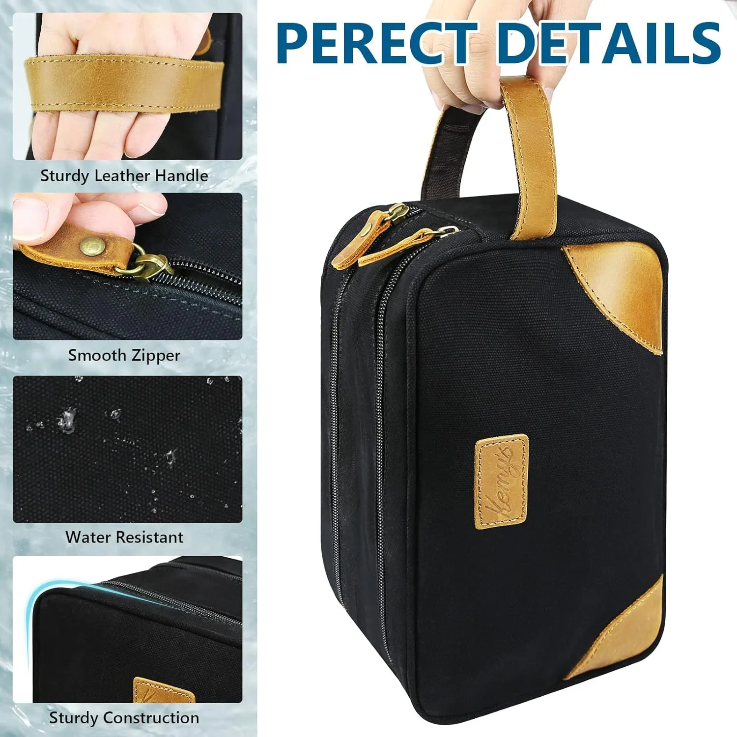 Kemy's Toiletry Bag for Men, Travel Toiletries Organizer Bags with Water Resistant Canvas Leather Dopp Kit Shaving Bag for Toiletries Accessories