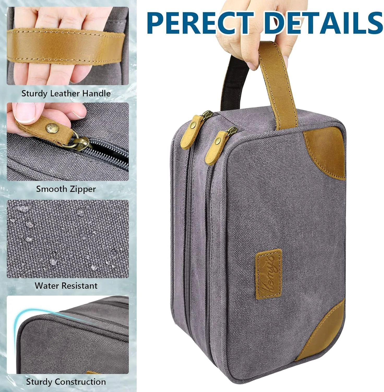 Kemy's Toiletry Bag for Men, Travel Toiletries Organizer Bags with Water Resistant Canvas Leather Dopp Kit Shaving Bag for Toiletries Accessories