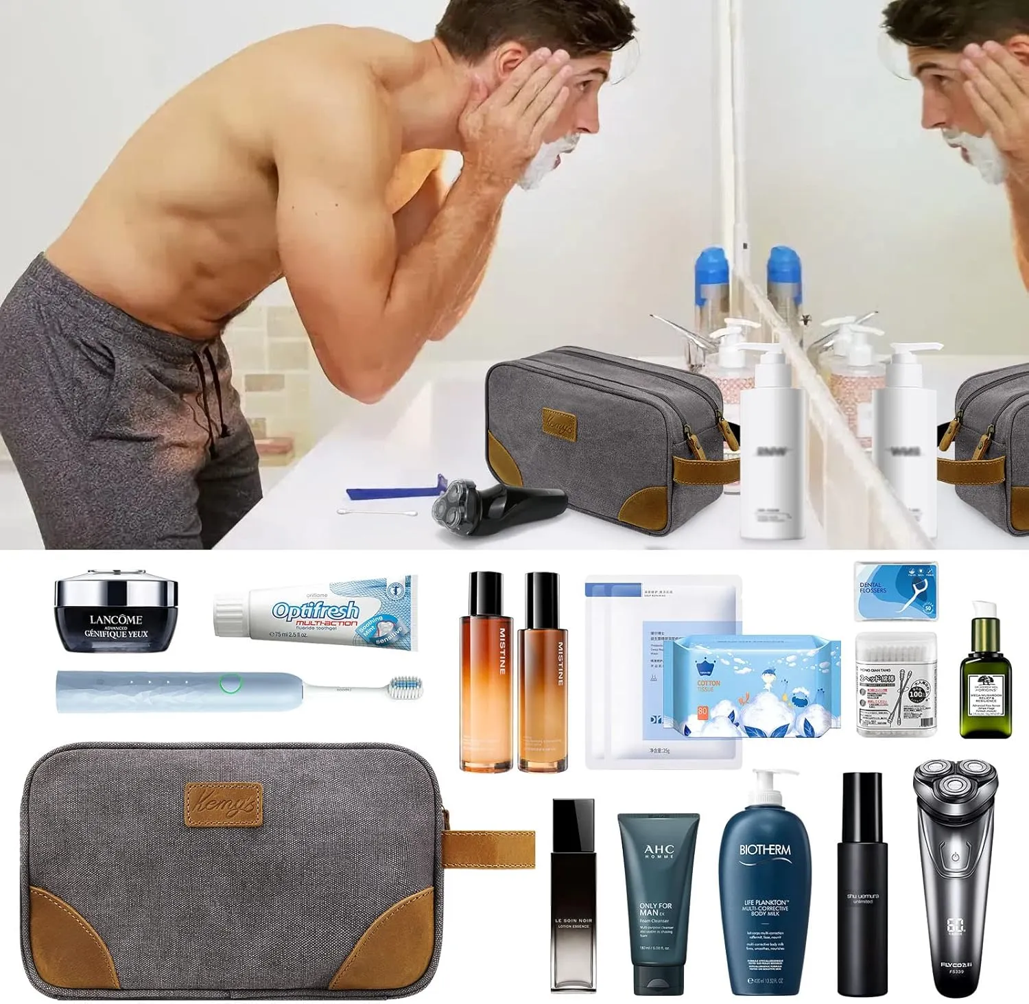 Kemy's Toiletry Bag for Men, Travel Toiletries Organizer Bags with Water Resistant Canvas Leather Dopp Kit Shaving Bag for Toiletries Accessories