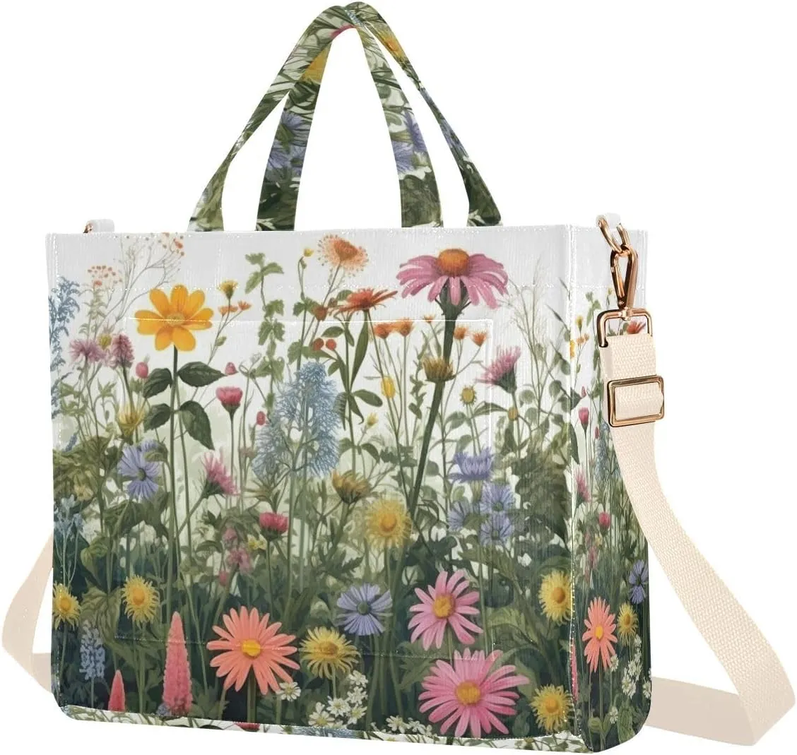 Kigai Herbs and Wildflowers Corduroy Tote Bag for Women Hobo Crossbody Bag Purse Stylish Shoulder Handbag Messenger Bags, S