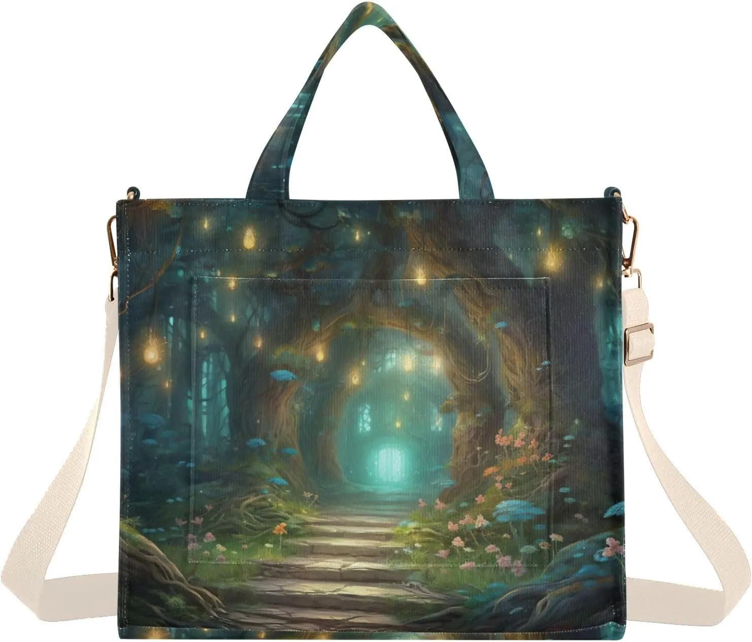Kigai Tote Bag for Women Corduroy Tote Handbag with Zipper Shoulder Bag for Travel, Beach, Shopping, Hut in Forest