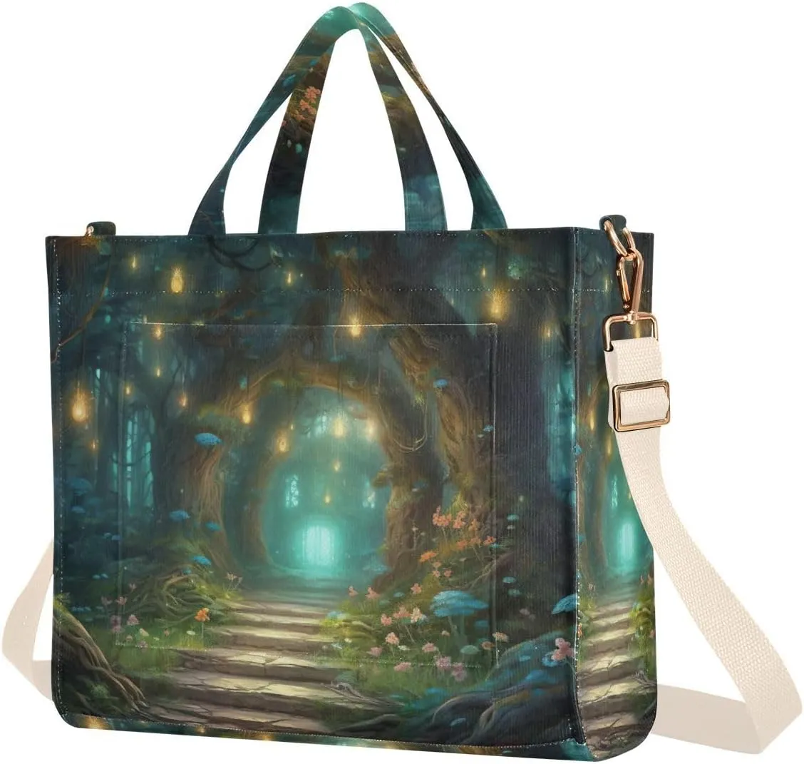 Kigai Tote Bag for Women Corduroy Tote Handbag with Zipper Shoulder Bag for Travel, Beach, Shopping, Hut in Forest