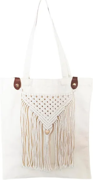 kiido Canvas Tote Bag Boho Aesthetic Shoulder Handbag with Removebal Macrame Fringe Lightweight Medium Reusable Grocery Shopping Cloth Bag16 Lx14 W