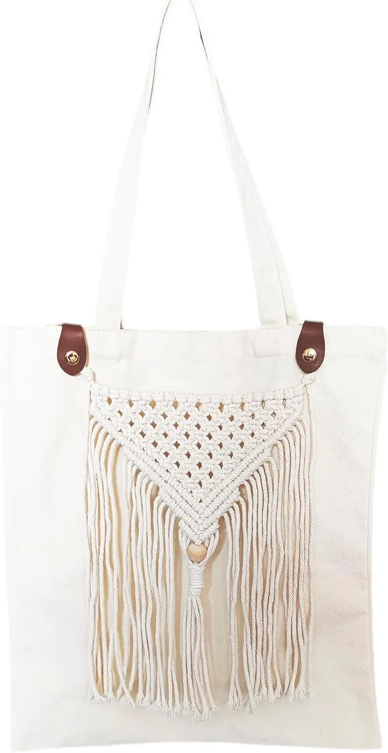 kiido Canvas Tote Bag Boho Aesthetic Shoulder Handbag with Removebal Macrame Fringe Lightweight Medium Reusable Grocery Shopping Cloth Bag16 Lx14 W