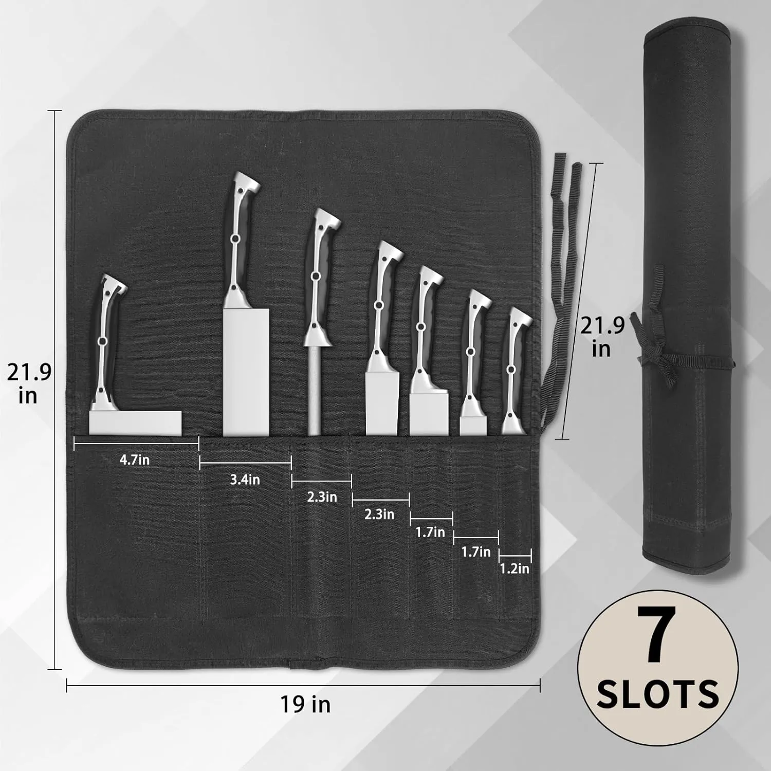 Knife Roll, Chef Knife Bag, Waxed Canvas Heavy Duty Knife Pouch with 7 Slots, Knife Bags for Chefs Professional with Knife Tip Protectors Tool Storage Roll for Kitchen Travel Camping (Black)