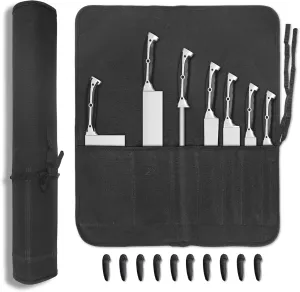 Knife Roll, Chef Knife Bag, Waxed Canvas Heavy Duty Knife Pouch with 7 Slots, Knife Bags for Chefs Professional with Knife Tip Protectors Tool Storage Roll for Kitchen Travel Camping (Black)