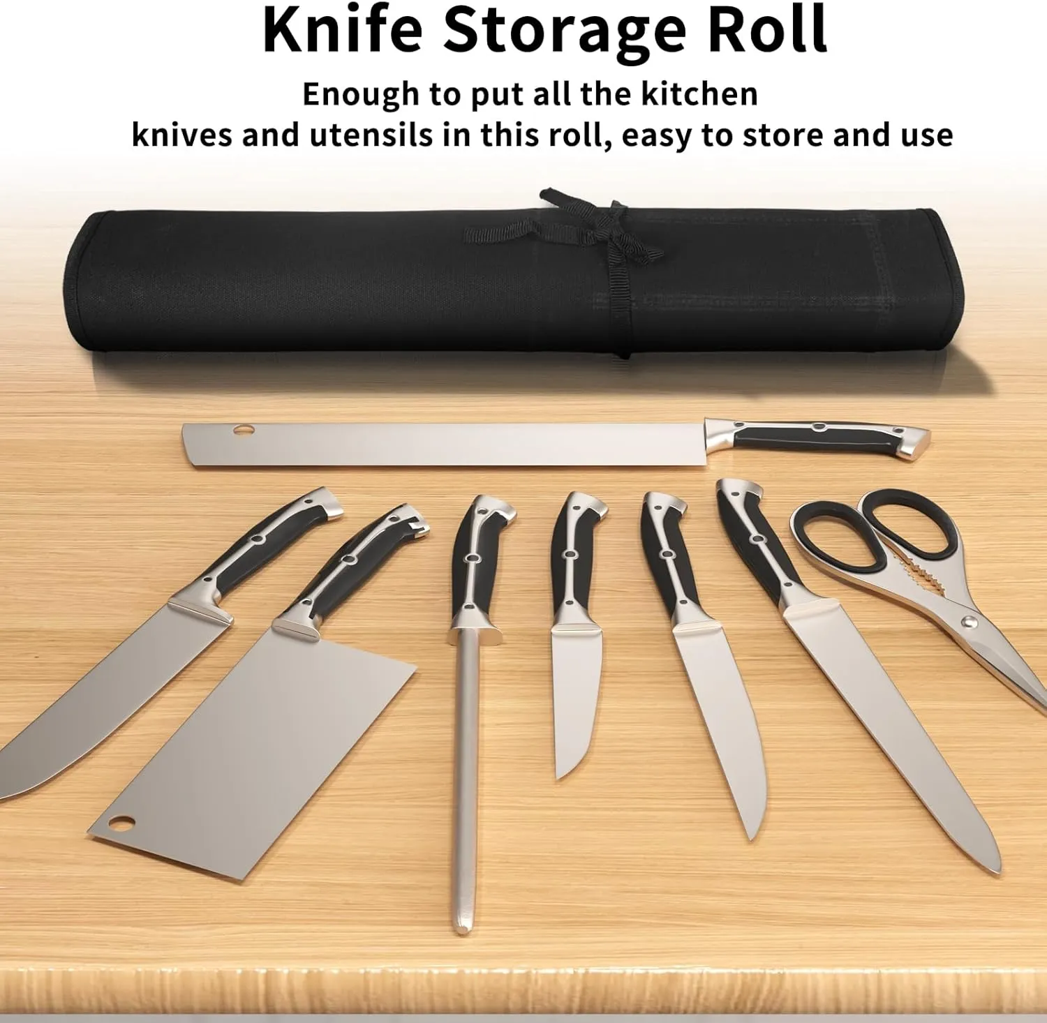 Knife Roll, Chef Knife Bag, Waxed Canvas Heavy Duty Knife Pouch with 7 Slots, Knife Bags for Chefs Professional with Knife Tip Protectors Tool Storage Roll for Kitchen Travel Camping (Black)