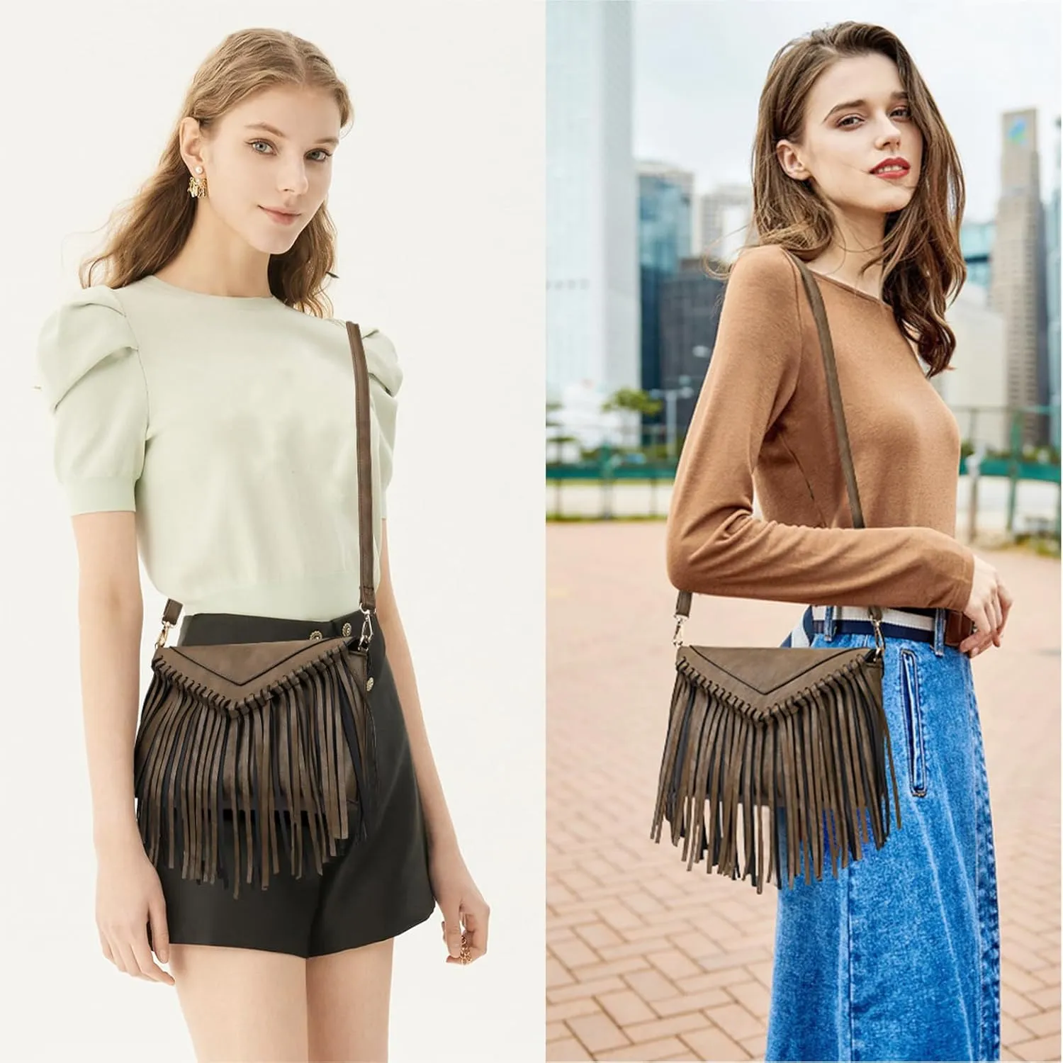 KouLi Buir Tassel Crossbody Purse for Women PU Leather Western Hobo Fringe Handbag Shoulder Bag