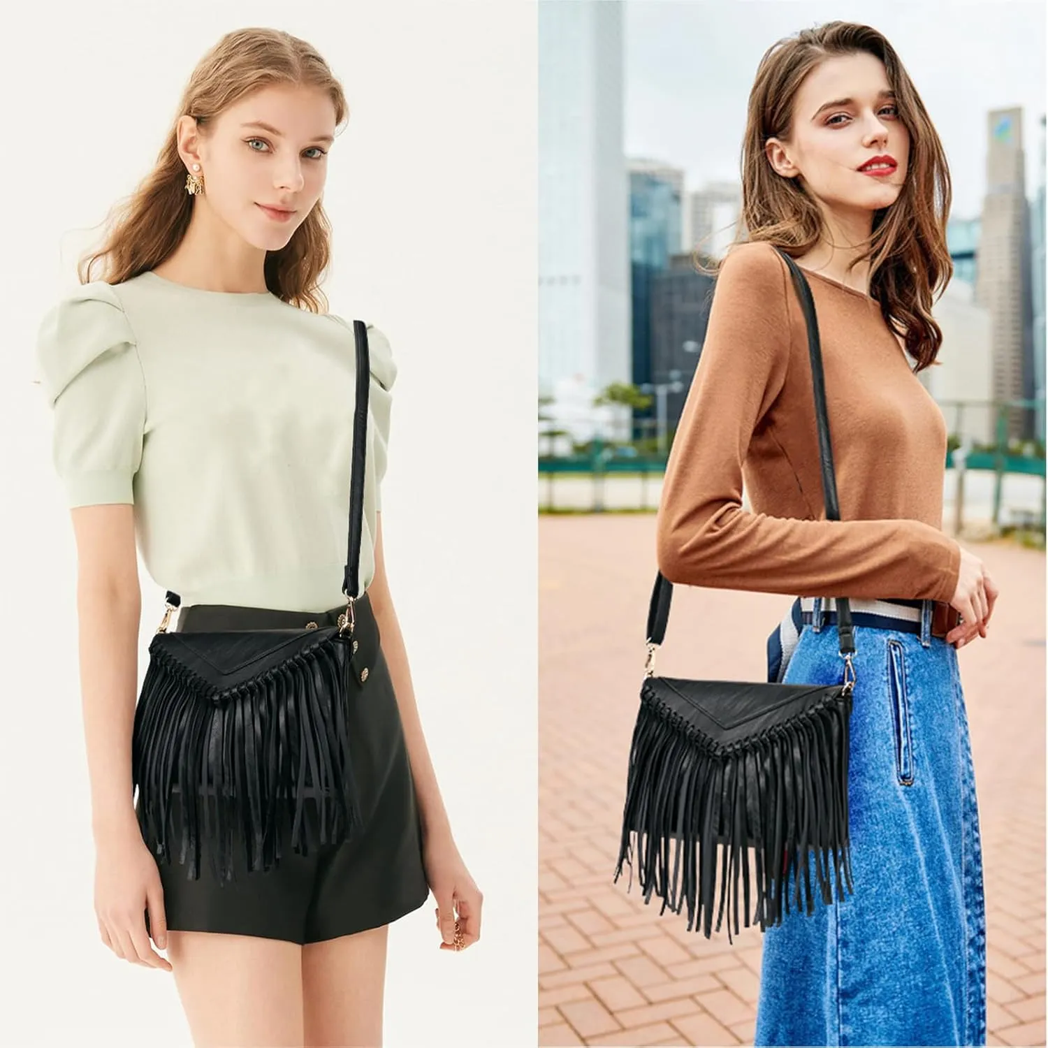 KouLi Buir Tassel Crossbody Purse for Women PU Leather Western Hobo Fringe Handbag Shoulder Bag