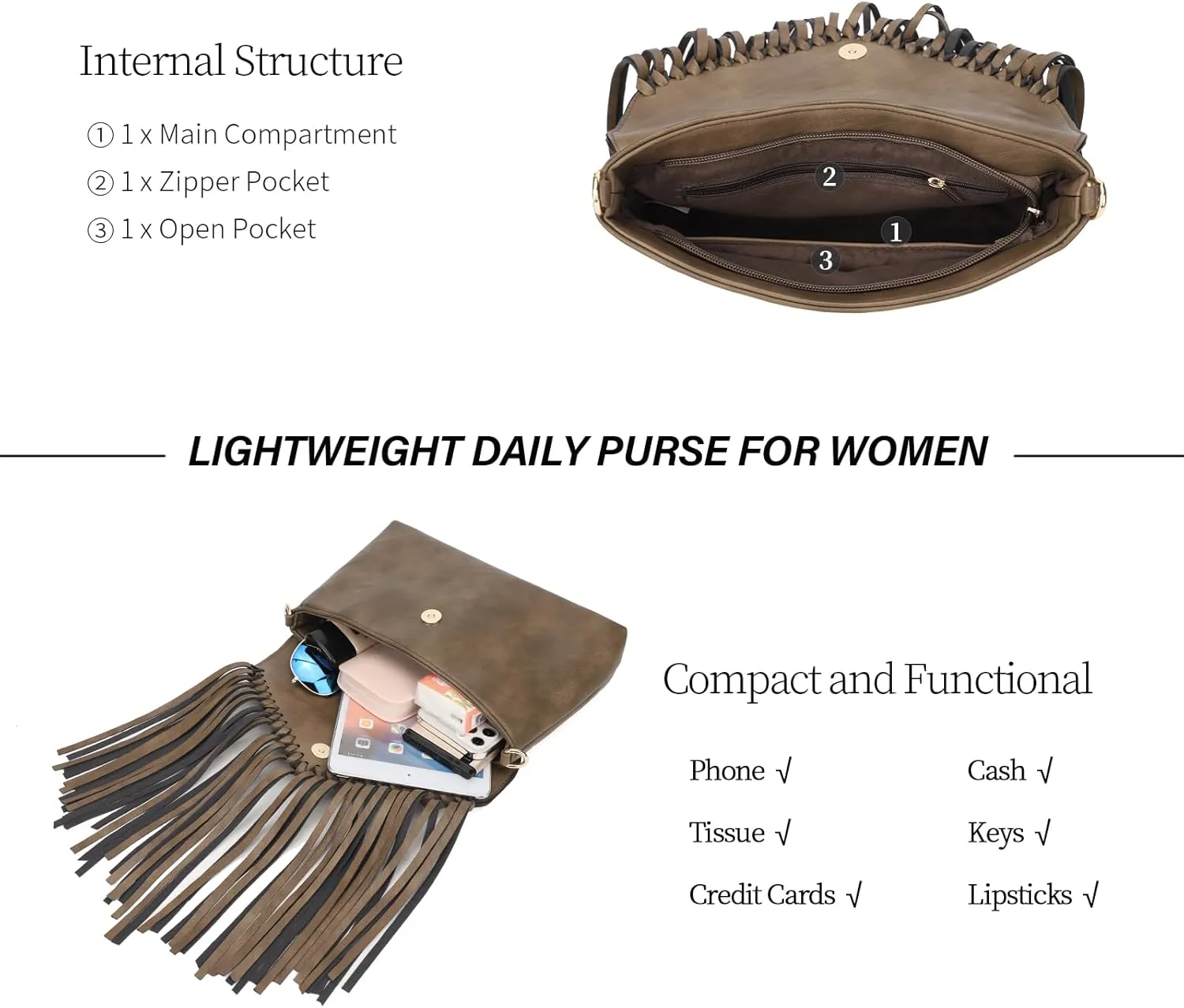 KouLi Buir Tassel Crossbody Purse for Women PU Leather Western Hobo Fringe Handbag Shoulder Bag