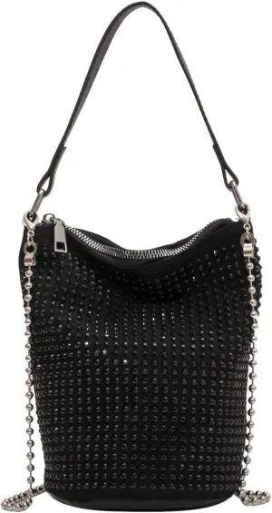 KUANG! Rhinestone Rivets Bucket Hobo Bag Chic Bling Evening Purse Women Suede Small Tote Handbag for Prom Party