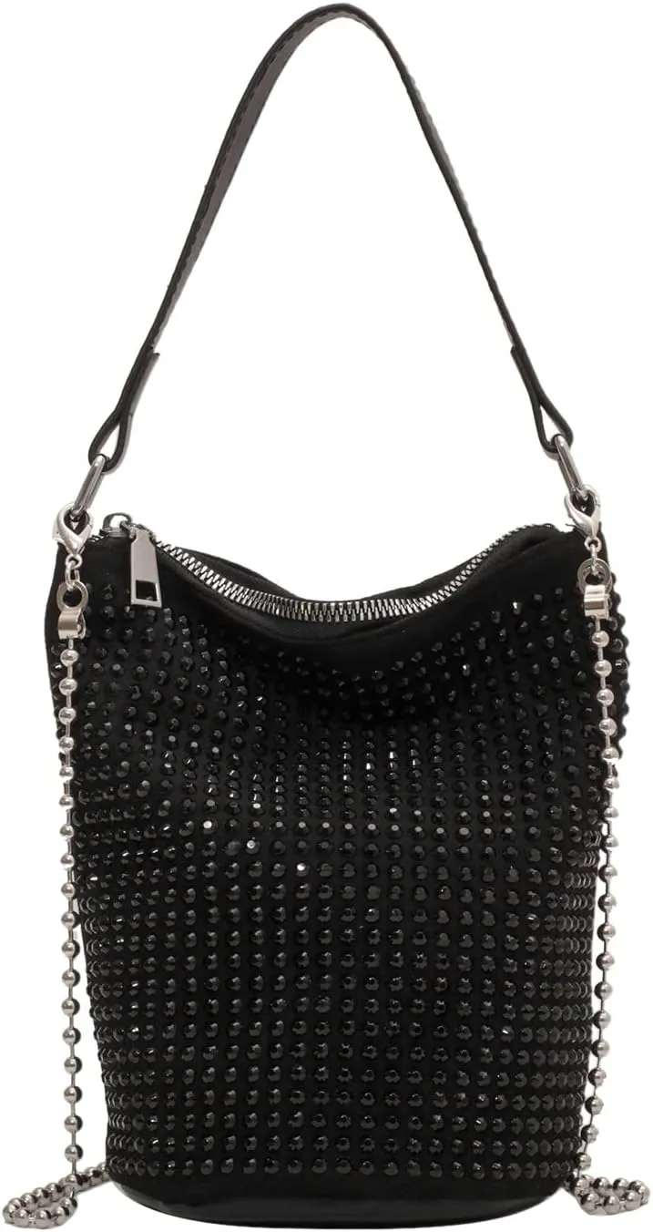 KUANG! Rhinestone Rivets Bucket Hobo Bag Chic Bling Evening Purse Women Suede Small Tote Handbag for Prom Party