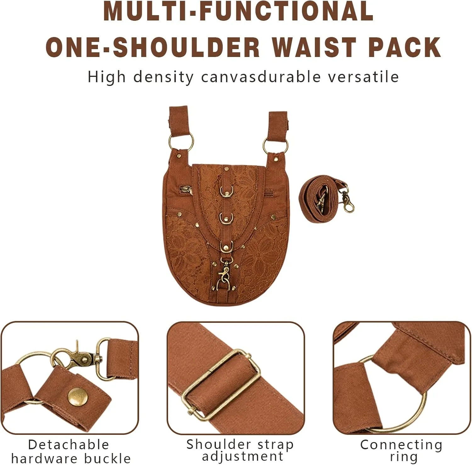 Lace Belt Pouch Renaissance Women, Steampunk Fashion Waist Pack Cotton Waist Bag Bag, Shoulder Bag, Crossbody Bag (Brown)