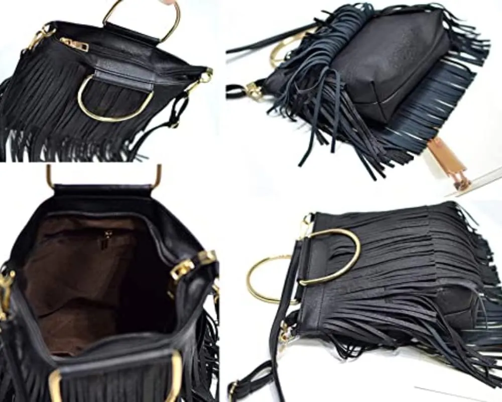 Ladies Fringe Crossbody Bag Leather Shoulder Bag Hobo Tote Bag (black)