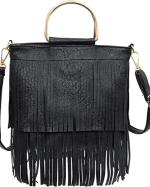 Ladies Fringe Crossbody Bag Leather Shoulder Bag Hobo Tote Bag (black)