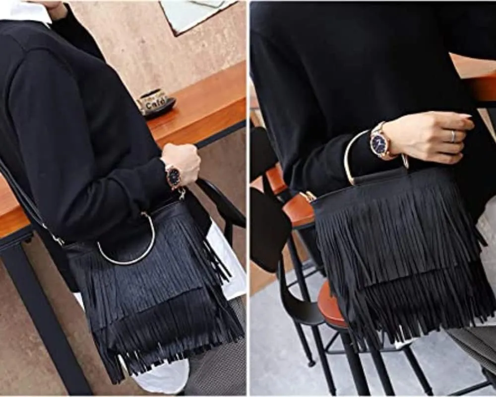 Ladies Fringe Crossbody Bag Leather Shoulder Bag Hobo Tote Bag (black)