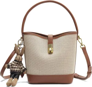 LAORENTOU Canvas Bucket Designer Handbags for Women, Medium Satchel Purses for Ladies, Top Handle Bag with Cute Pendant