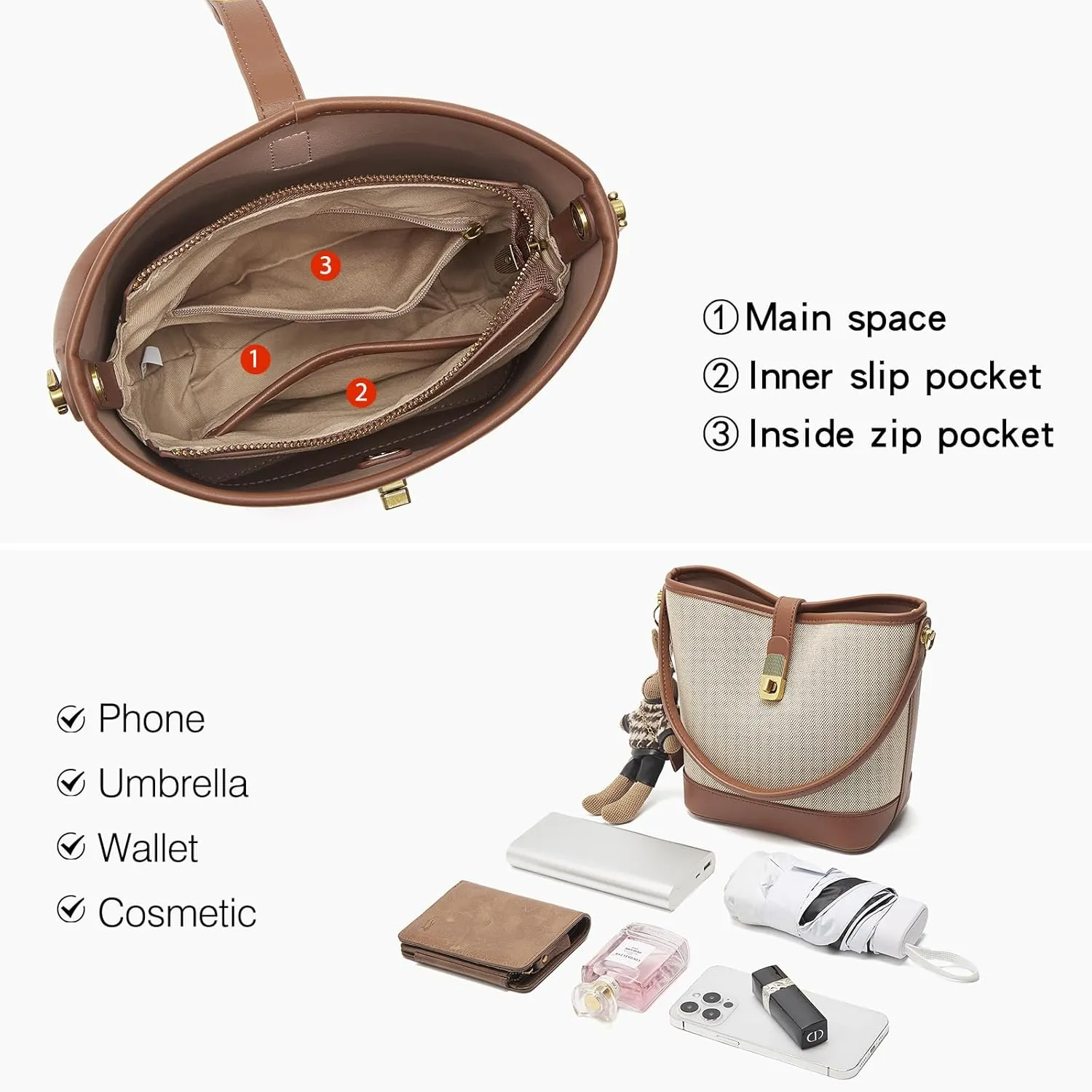 LAORENTOU Canvas Bucket Designer Handbags for Women, Medium Satchel Purses for Ladies, Top Handle Bag with Cute Pendant
