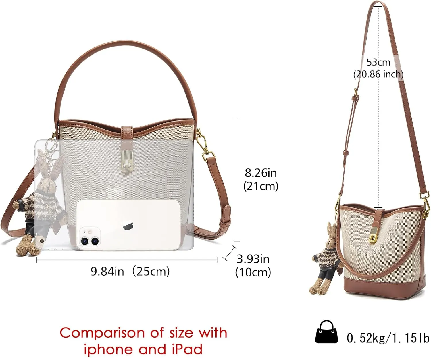 LAORENTOU Canvas Bucket Designer Handbags for Women, Medium Satchel Purses for Ladies, Top Handle Bag with Cute Pendant