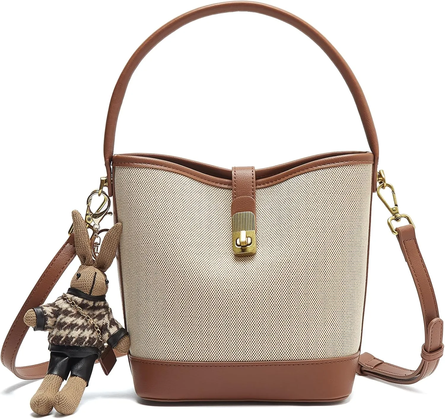 LAORENTOU Canvas Bucket Designer Handbags for Women, Medium Satchel Purses for Ladies, Top Handle Bag with Cute Pendant