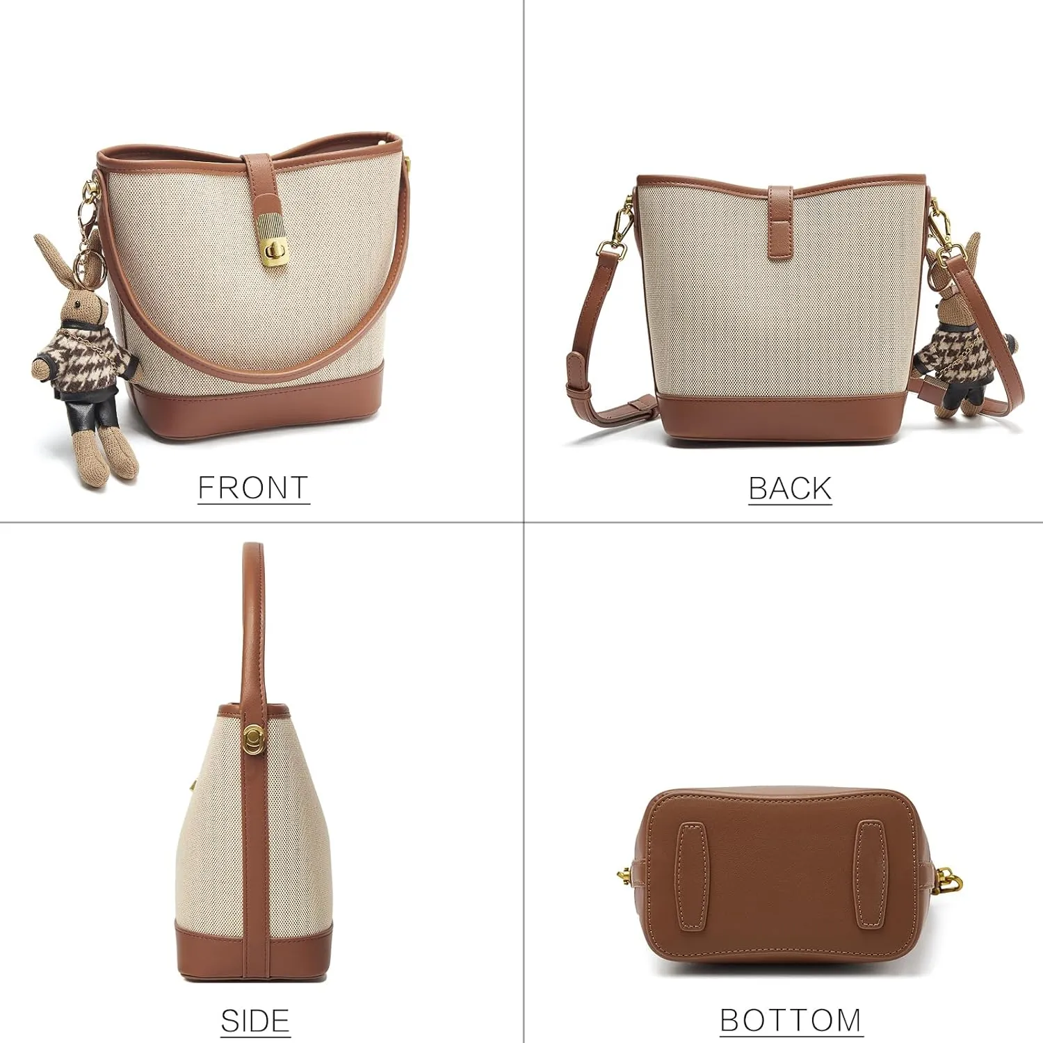 LAORENTOU Canvas Bucket Designer Handbags for Women, Medium Satchel Purses for Ladies, Top Handle Bag with Cute Pendant