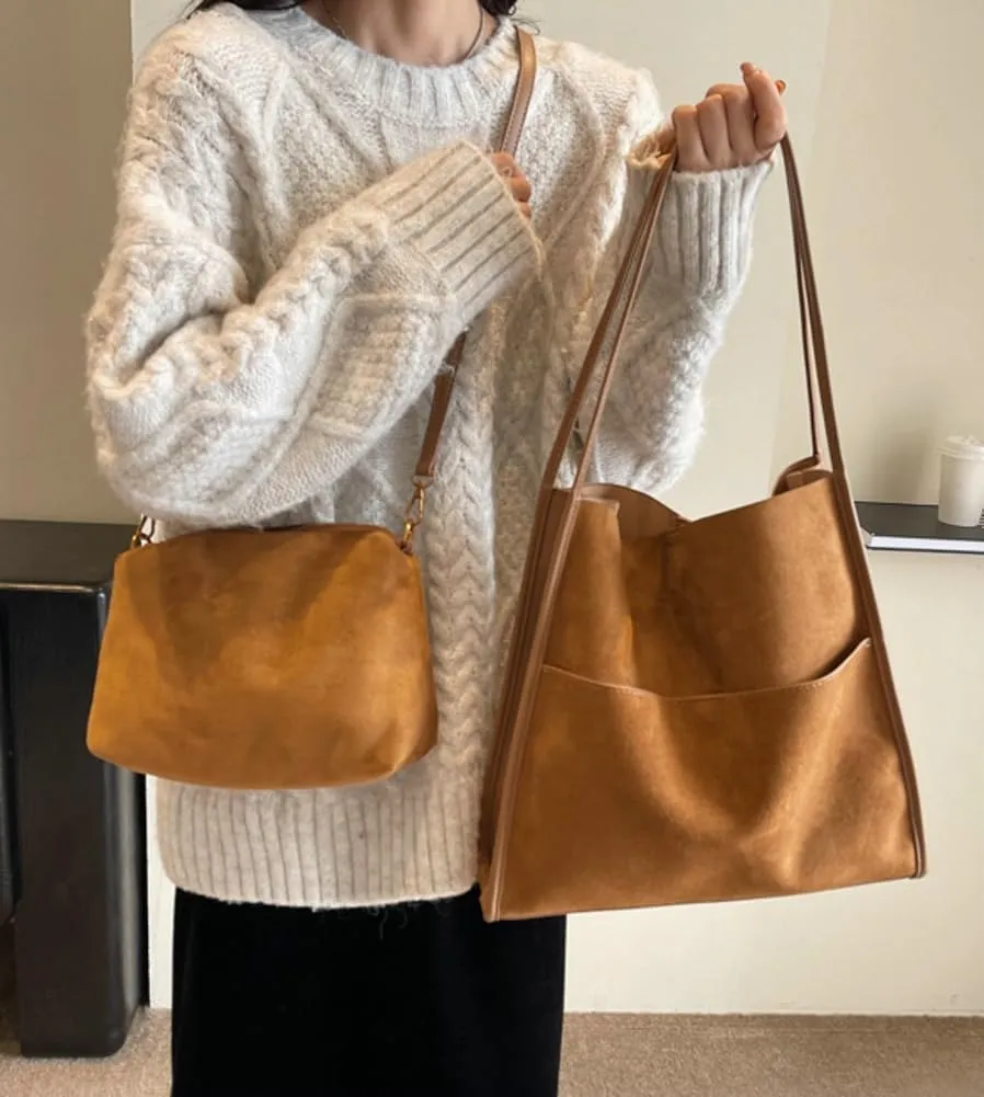 Large Bucket Tote Bags for Women Vegan Leather Handbag Suede Shoulder Purse Fashion Designer Working Satchel 2pcs