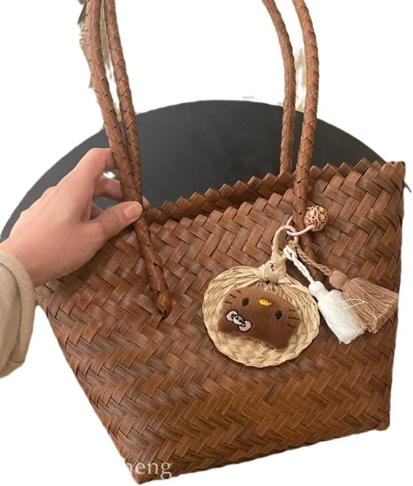 Large capacity Bag Exquisite Straw Handbag with Metal Button and Tassels: Add Highlights to Outings Ladies shoulder Bag