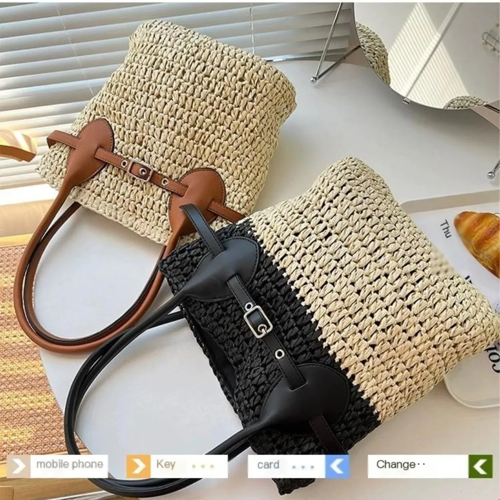 Large capacity Bag Fashionable Patchwork Straw Bucket Bag: Deduce a New Casual Style Ladies shoulder Bag