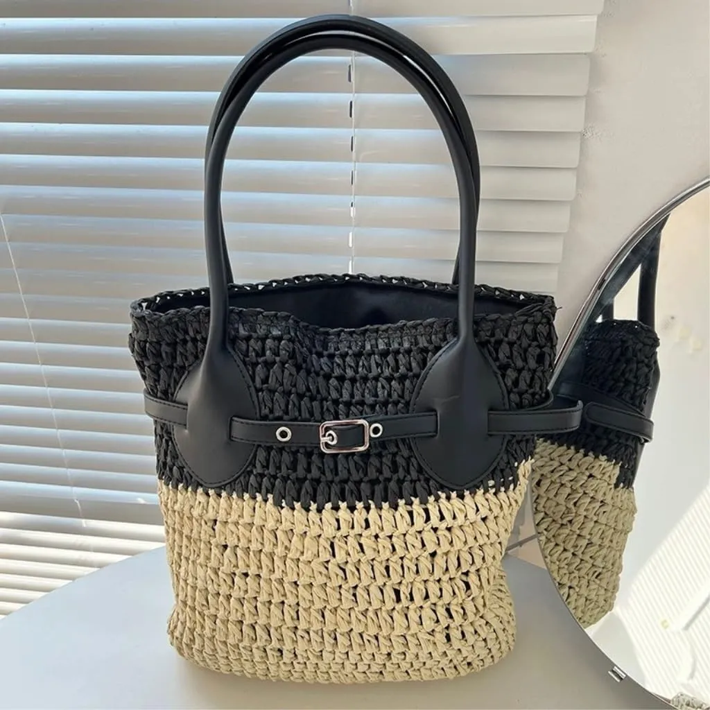 Large capacity Bag Fashionable Patchwork Straw Bucket Bag: Deduce a New Casual Style Ladies shoulder Bag