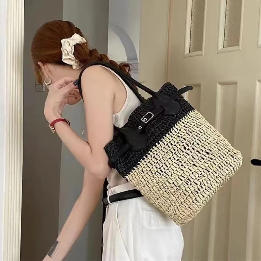 Large capacity Bag Fashionable Patchwork Straw Bucket Bag: Deduce a New Casual Style Ladies shoulder Bag