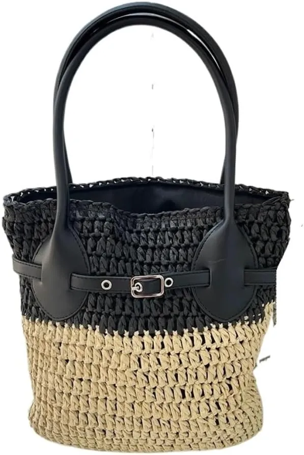 Large capacity Bag Fashionable Patchwork Straw Bucket Bag: Deduce a New Casual Style Ladies shoulder Bag
