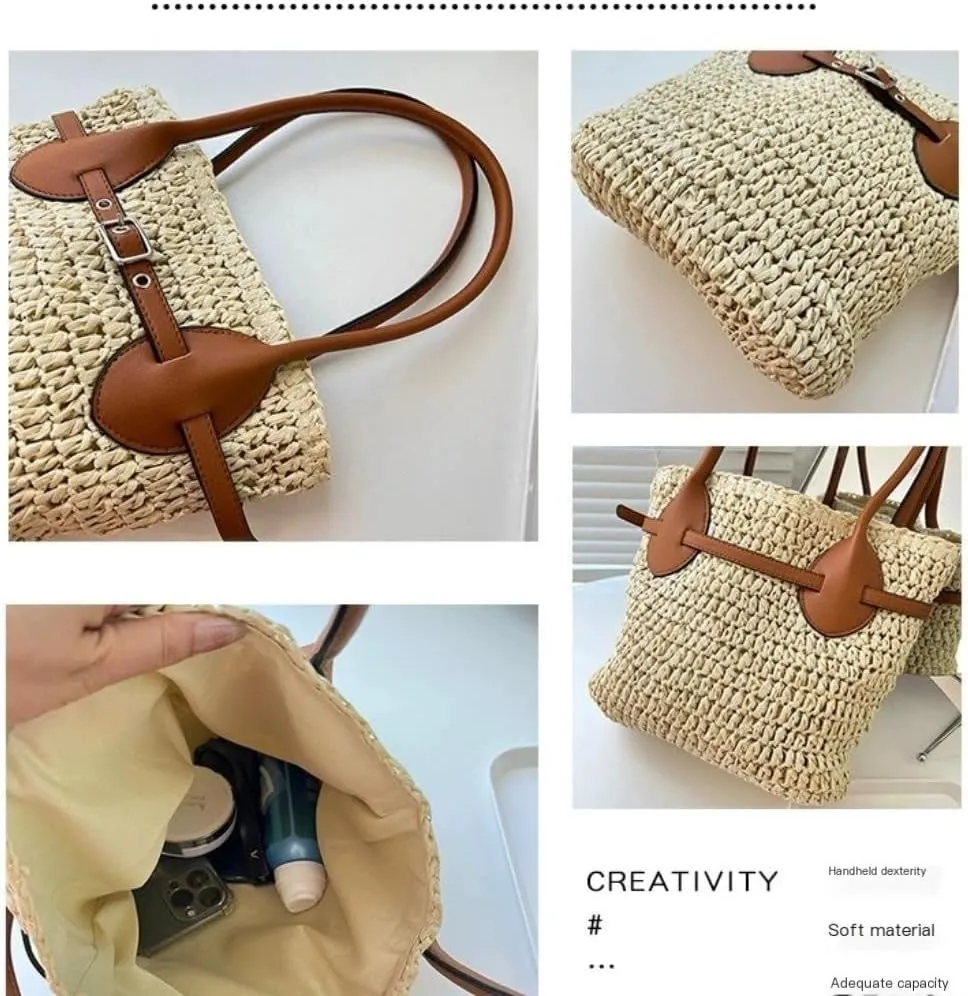 Large capacity Bag Fashionable Patchwork Straw Bucket Bag: Deduce a New Casual Style Ladies shoulder Bag