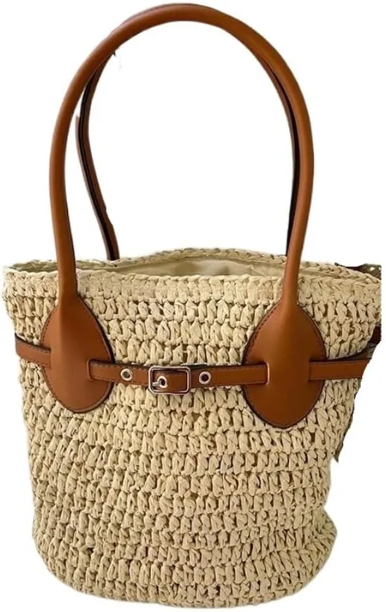 Large capacity Bag Fashionable Patchwork Straw Bucket Bag: Deduce a New Casual Style Ladies shoulder Bag