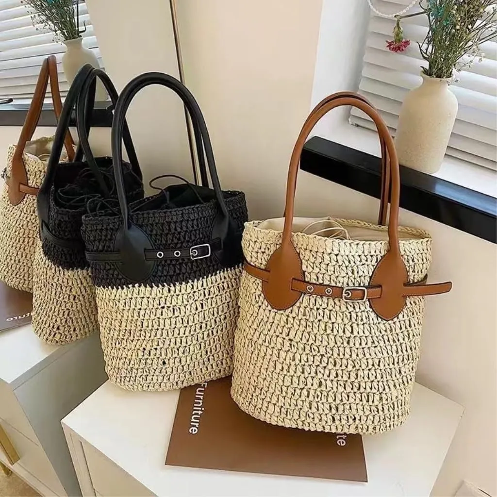 Large capacity Bag Fashionable Patchwork Straw Bucket Bag: Deduce a New Casual Style Ladies shoulder Bag