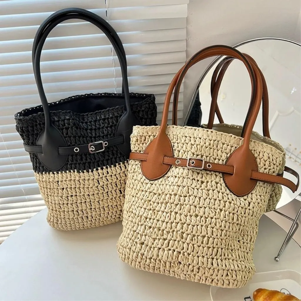 Large capacity Bag Fashionable Patchwork Straw Bucket Bag: Deduce a New Casual Style Ladies shoulder Bag