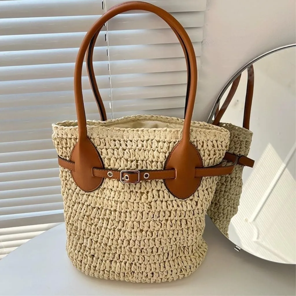 Large capacity Bag Fashionable Patchwork Straw Bucket Bag: Deduce a New Casual Style Ladies shoulder Bag
