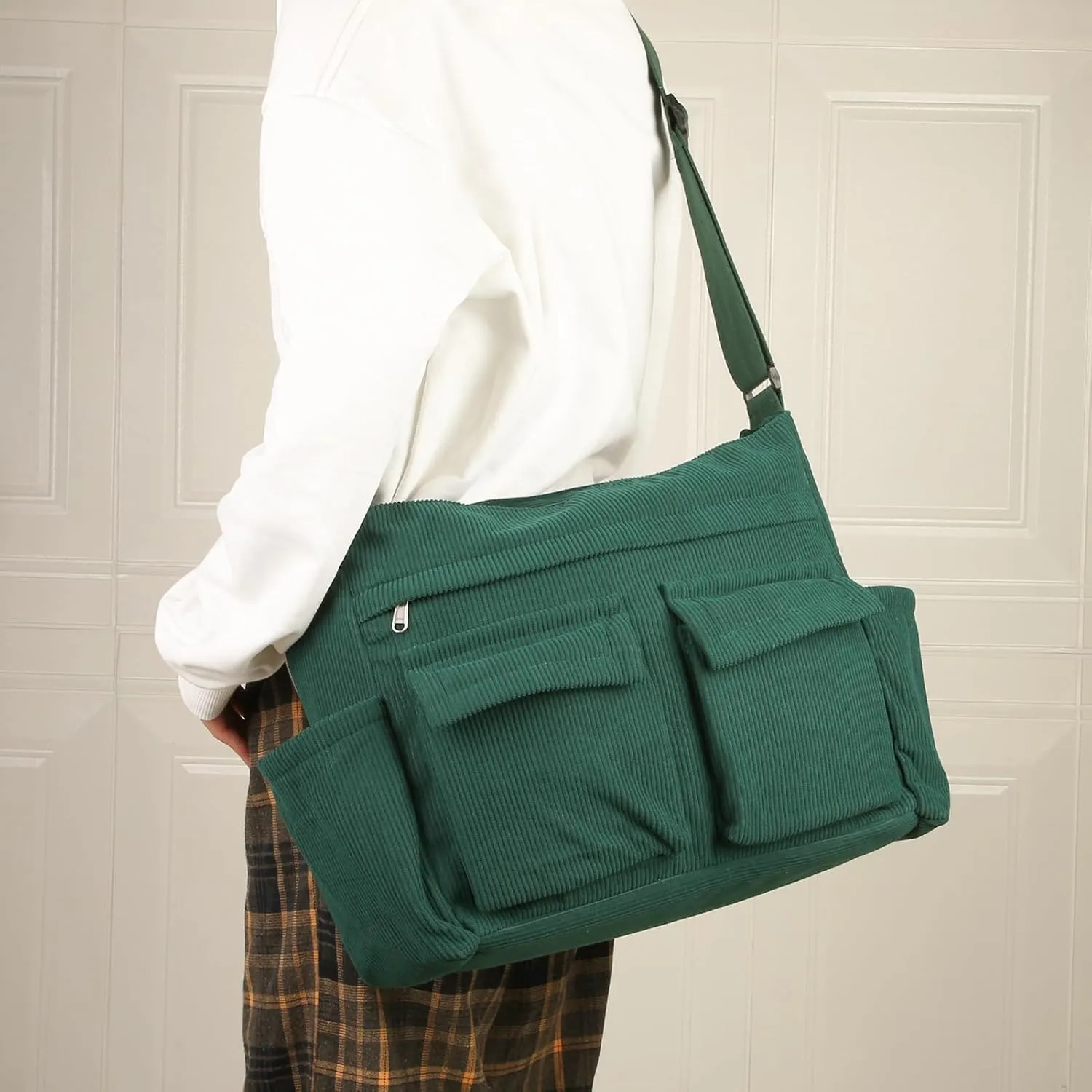 Large Corduroy Tote Bag for School 15.6 Inch Laptop Women Messenger Crossbody Bag