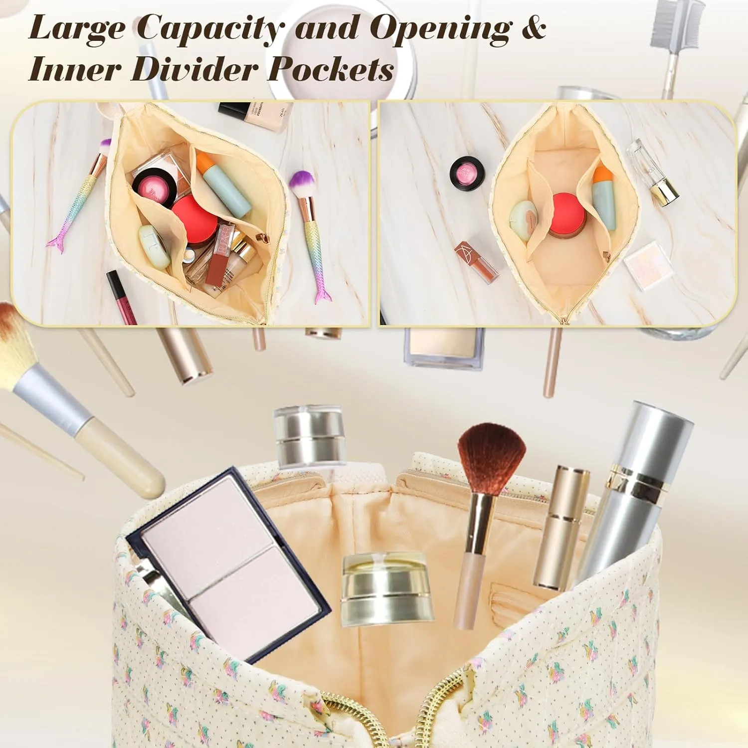 Large Makeup Bag, Quilted Cosmetic Bag, Large Floral Make Up Bag for Women, Cute Floral Skin Care Bag Double Layer Makeup Bags Flower Travel Toiletry Bag - Yellow