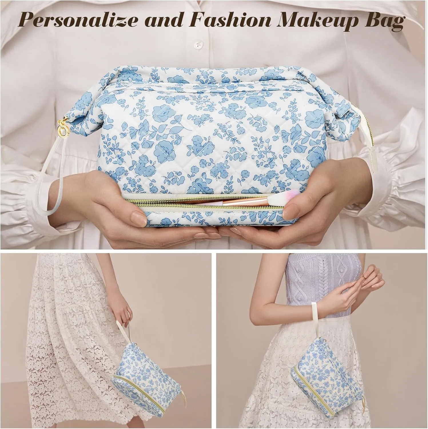 Large Makeup Bag, Quilted Cosmetic Bag, Large Floral Make Up Bag for Women, Cute Floral Skin Care Bag Double Layer Makeup Bags Flower Travel Toiletry Bag - Yellow