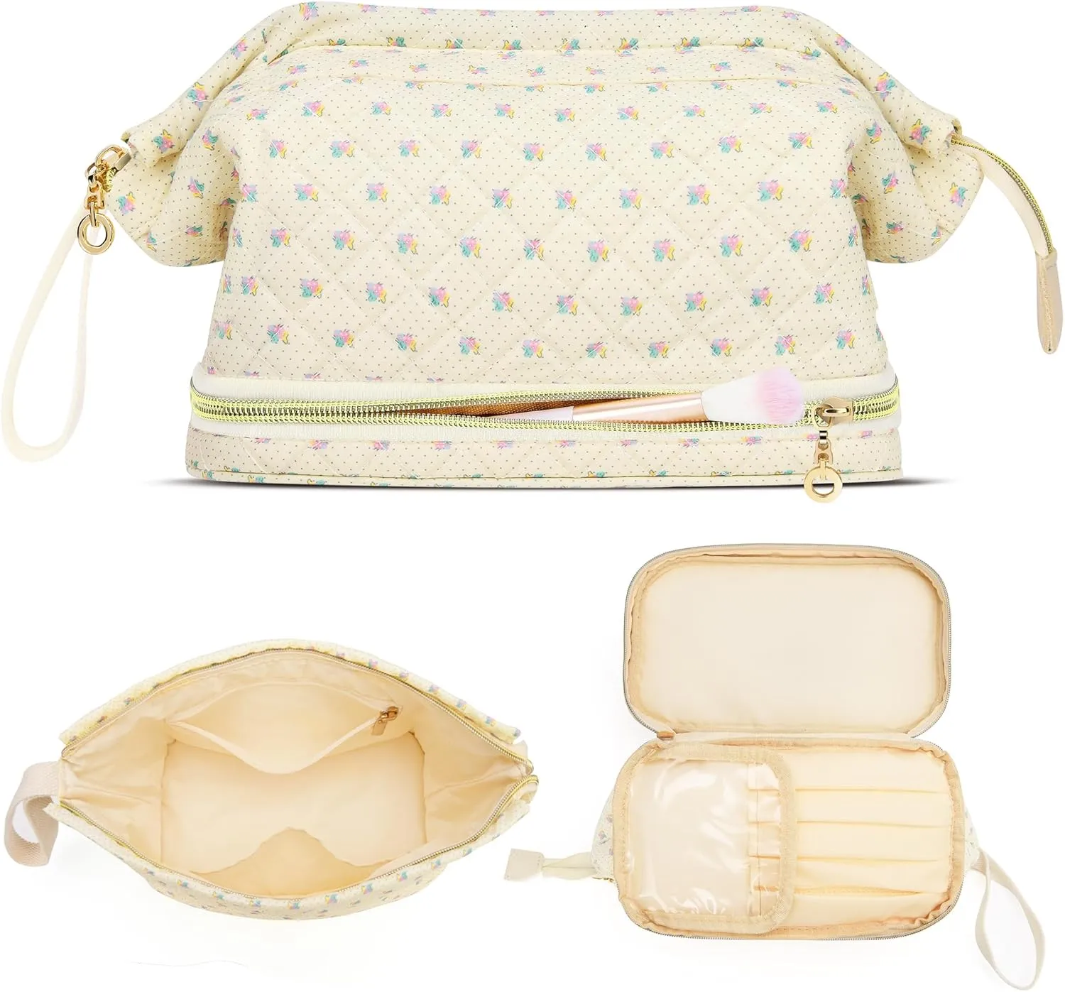 Large Makeup Bag, Quilted Cosmetic Bag, Large Floral Make Up Bag for Women, Cute Floral Skin Care Bag Double Layer Makeup Bags Flower Travel Toiletry Bag - Yellow