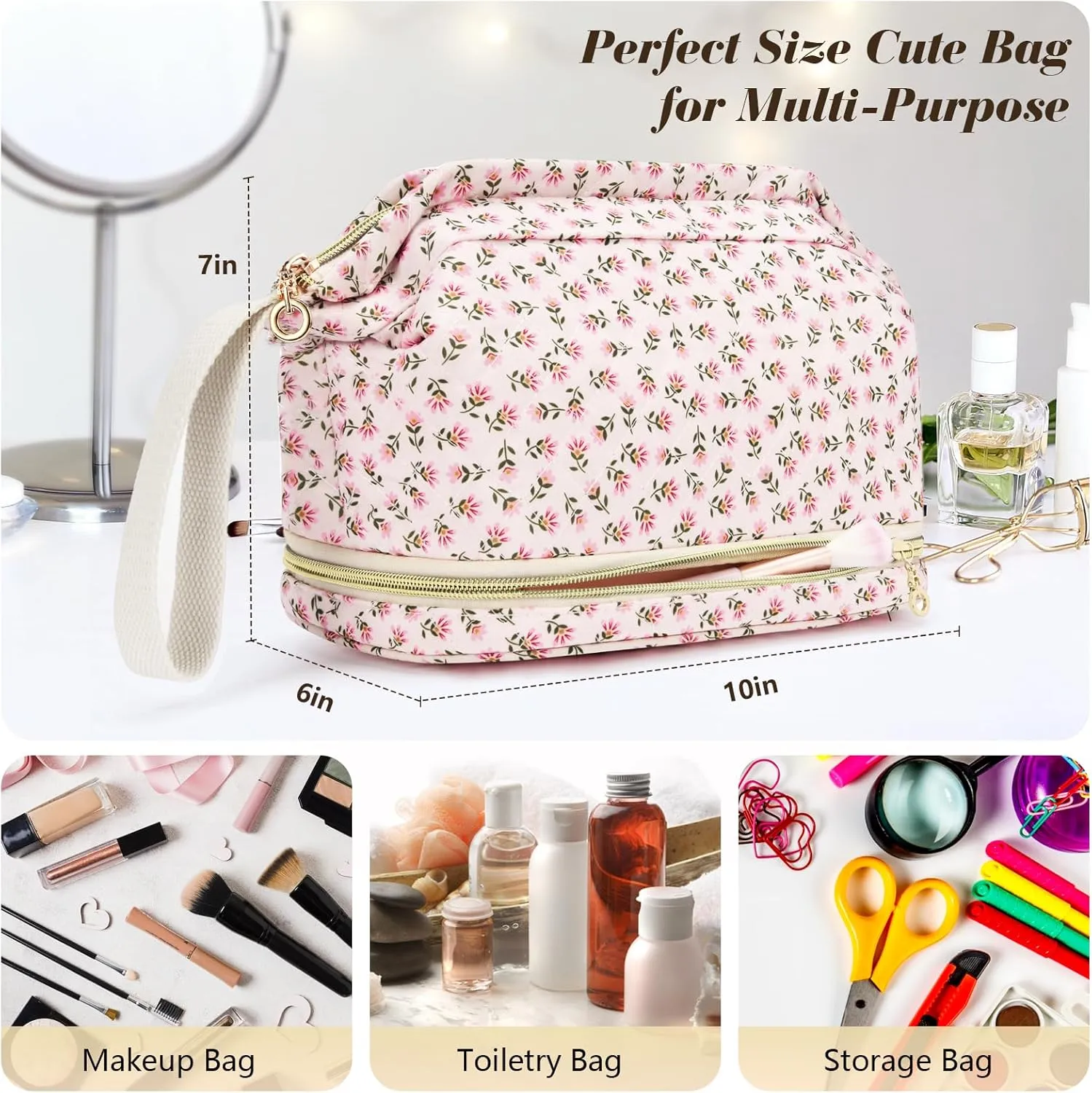 Large Makeup Bag, Quilted Cosmetic Bag, Large Floral Make Up Bag for Women, Cute Floral Skin Care Bag Double Layer Makeup Bags Flower Travel Toiletry Bag - Yellow