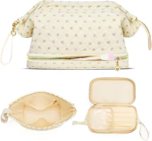 Large Makeup Bag, Quilted Cosmetic Bag, Large Floral Make Up Bag for Women, Cute Floral Skin Care Bag Double Layer Makeup Bags Flower Travel Toiletry Bag - Yellow