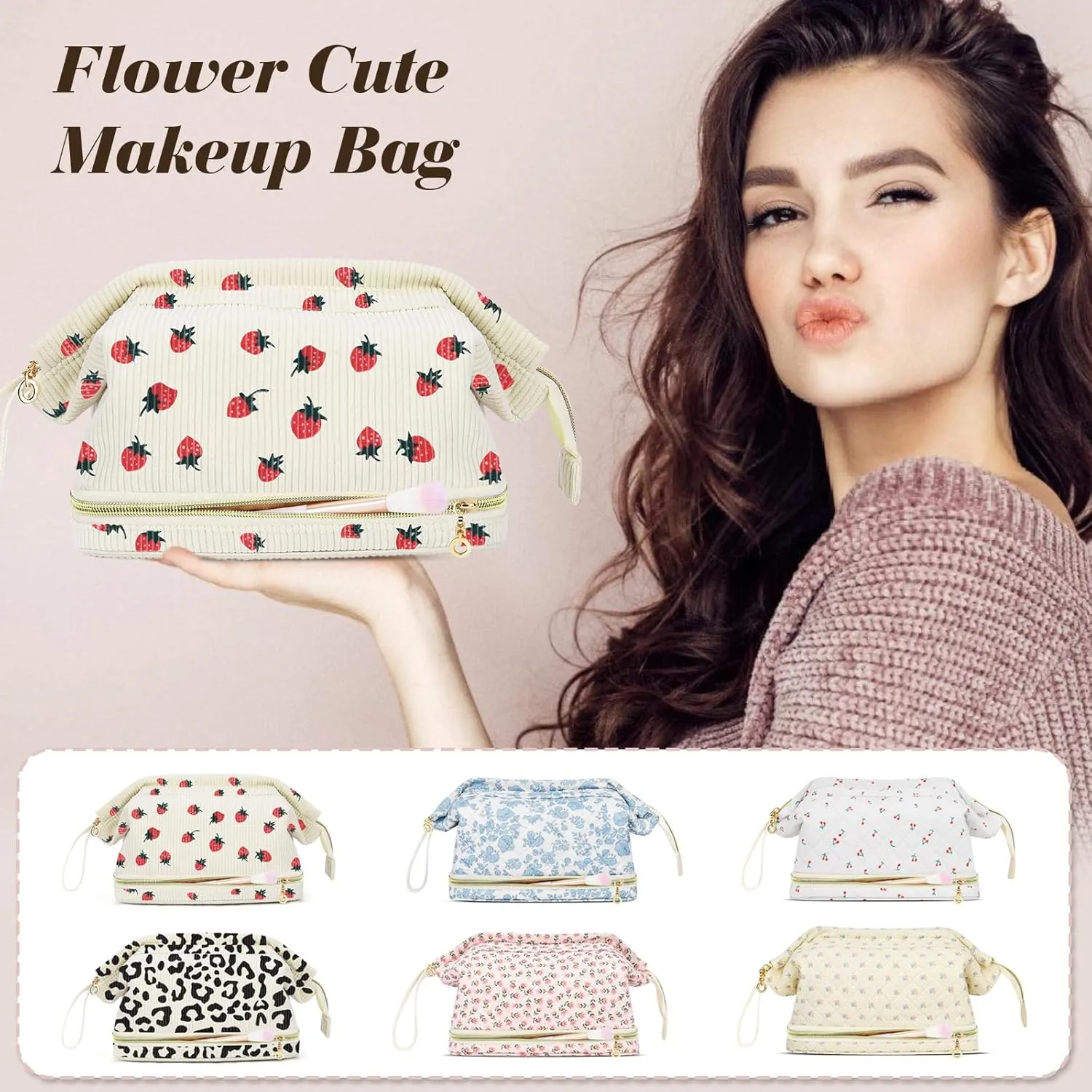 Large Makeup Bag, Quilted Cosmetic Bag, Large Floral Make Up Bag for Women, Cute Floral Skin Care Bag Double Layer Makeup Bags Flower Travel Toiletry Bag - Yellow