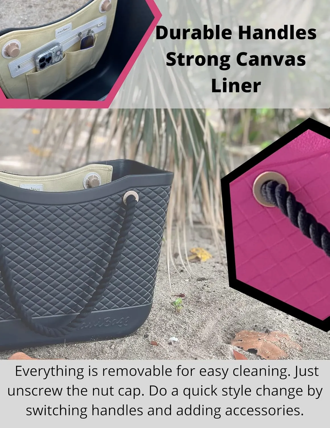 Large Open Rubber Tote Bag, Washable Beach Bags Waterproof Sandproof, Portable Outdoor Tote for Sports Gym & Pool