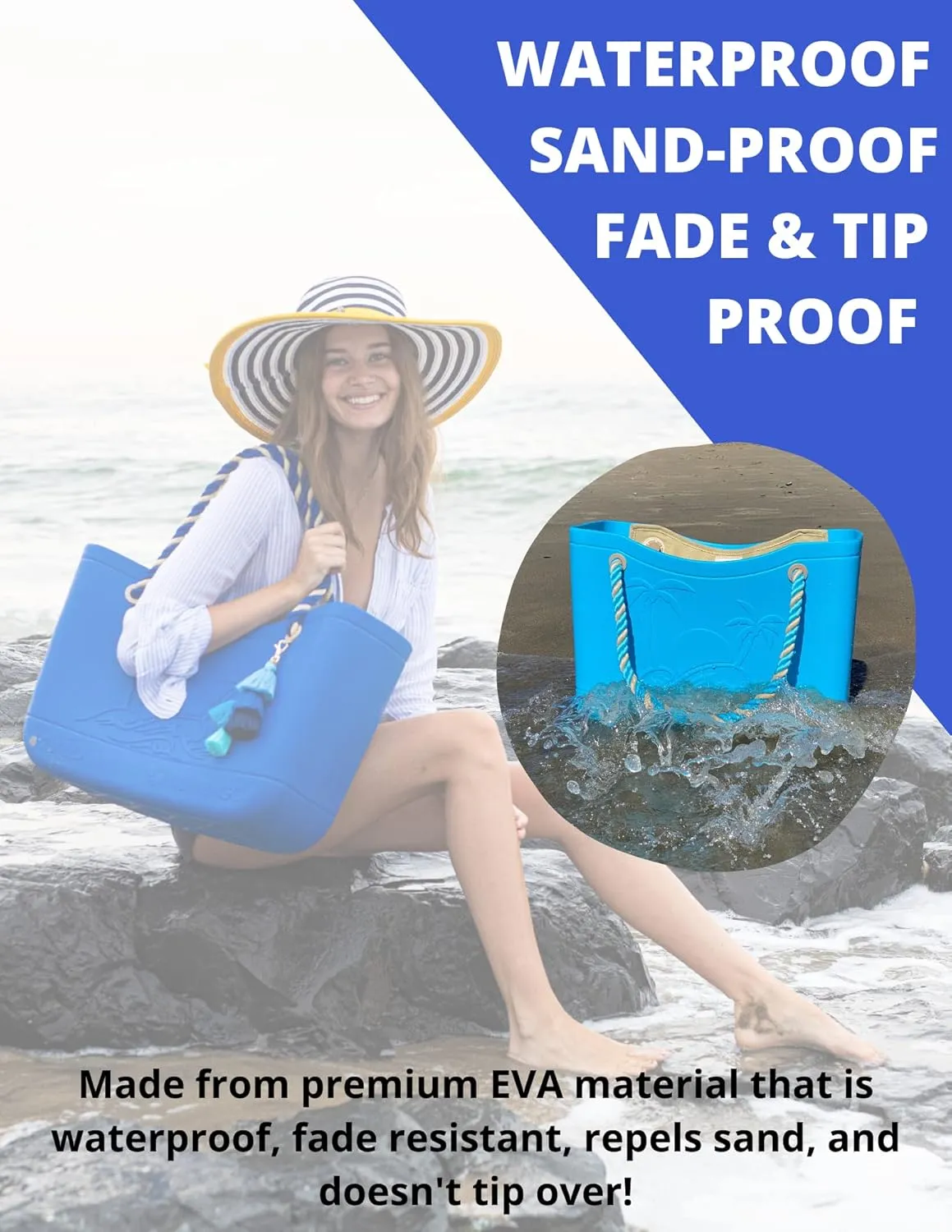 Large Open Rubber Tote Bag, Washable Beach Bags Waterproof Sandproof, Portable Outdoor Tote for Sports Gym & Pool