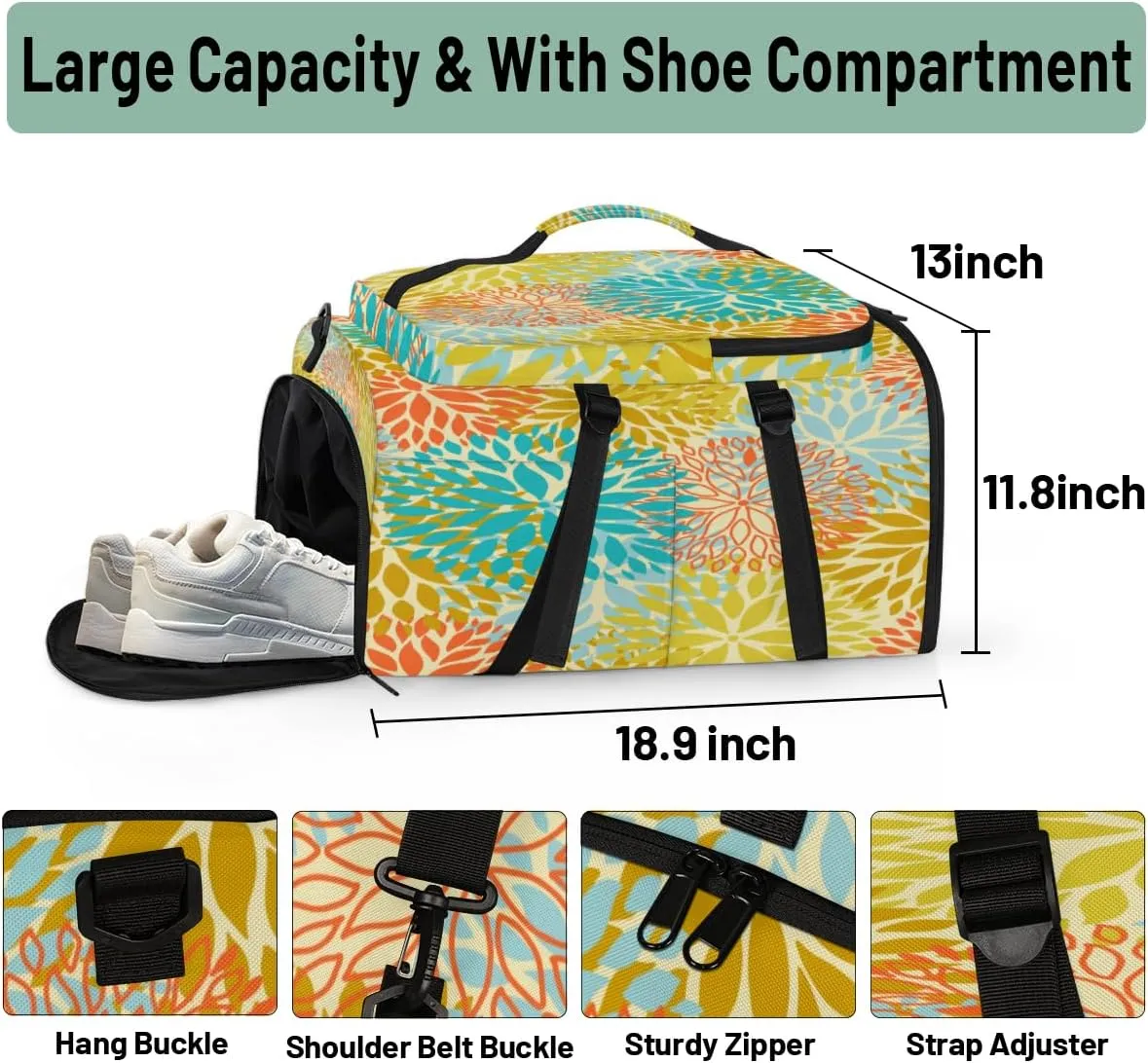 Large Sports Gym Bag With Shoe & Laptop Compartment 47L Waterproof Travel Duffel Bags for Men Women Abstract Daisy Floral Luggage Backpack Duffle Bag