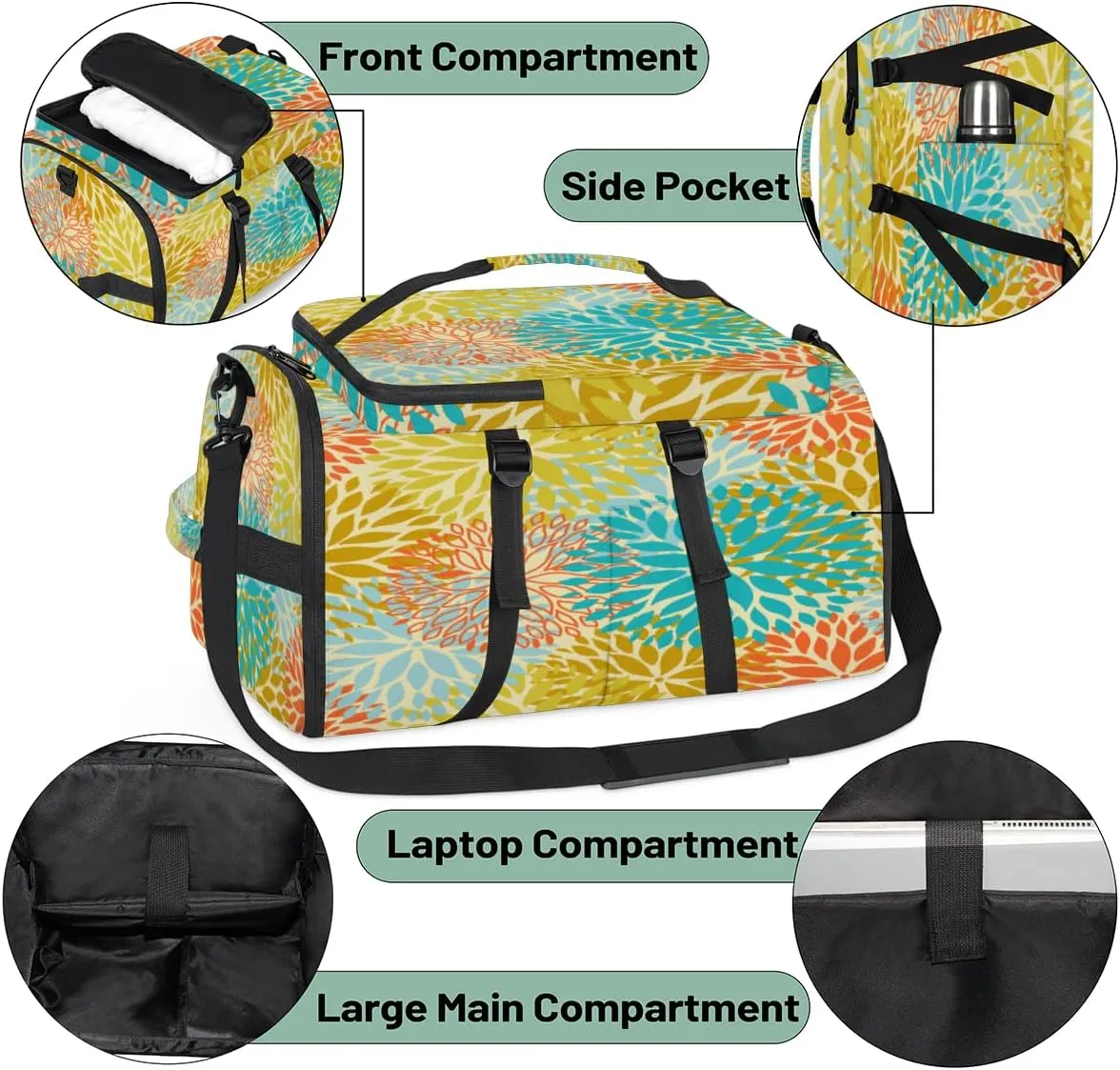 Large Sports Gym Bag With Shoe & Laptop Compartment 47L Waterproof Travel Duffel Bags for Men Women Abstract Daisy Floral Luggage Backpack Duffle Bag