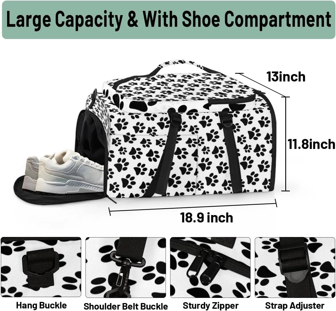 Large Sports Gym Bag With Shoe & Laptop Compartment 47L Waterproof Travel Duffel Bags for Men Women Animal Footprint Luggage Backpack Duffle Bag